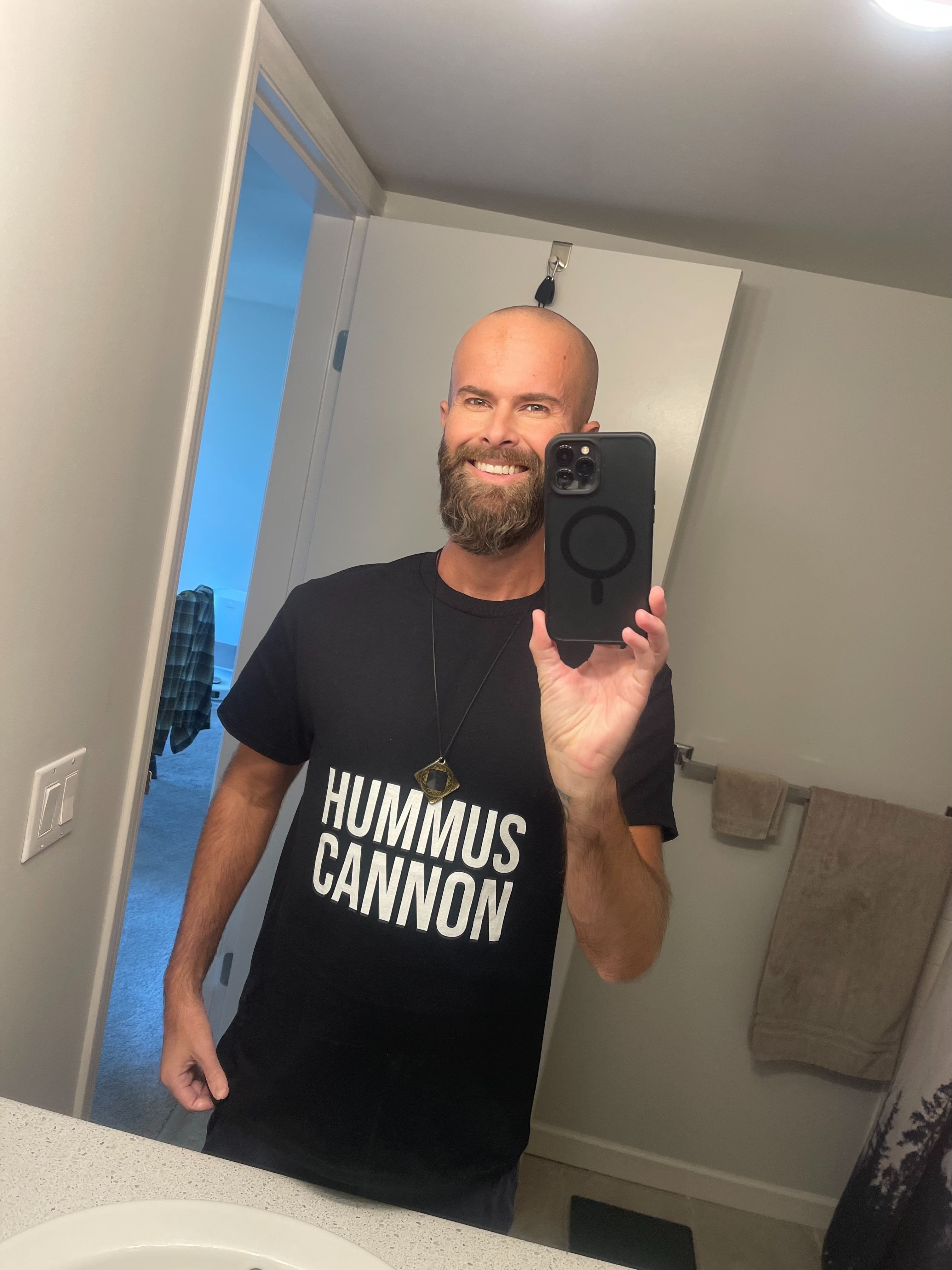 Will Blunderfield wearing the Hummus Cannon tee