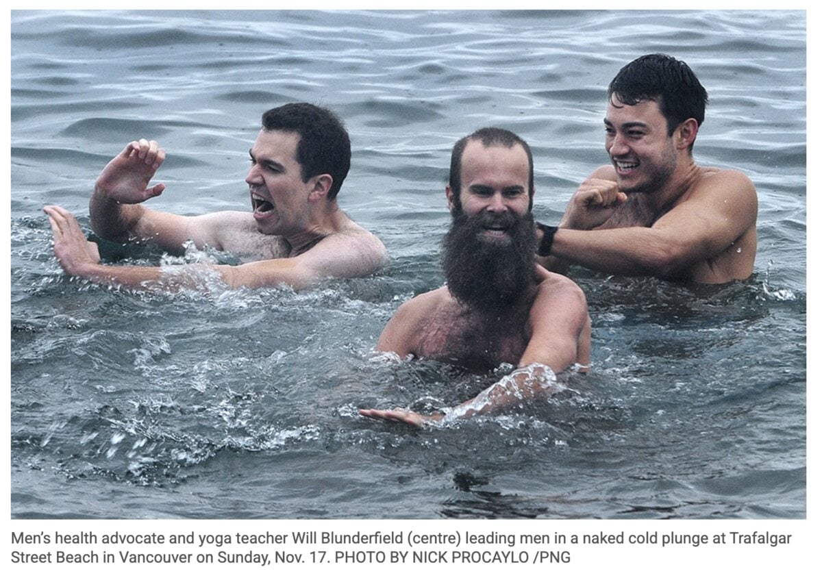 Men arriving at the shore for a cold plunge ritual.