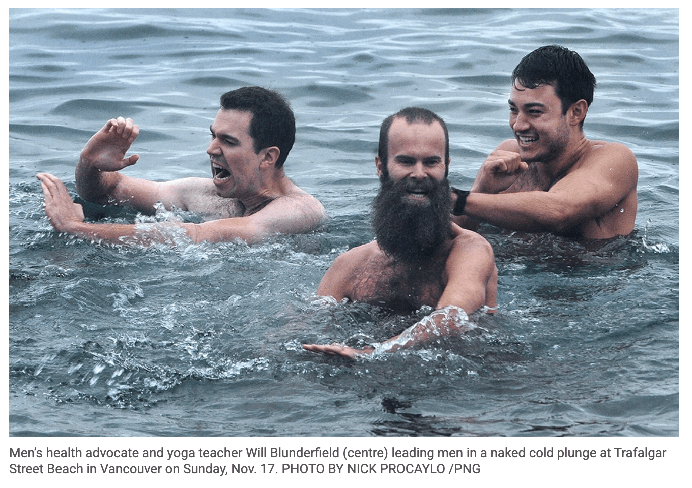 Men arriving at the shore for a cold plunge ritual.